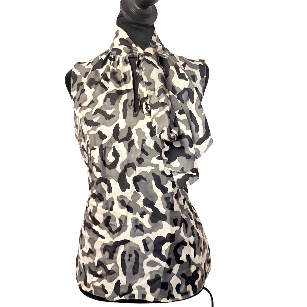 Women's THEORY 100% Silk Sleeveless Neck Tie Blouse Business Cheetah SZ S